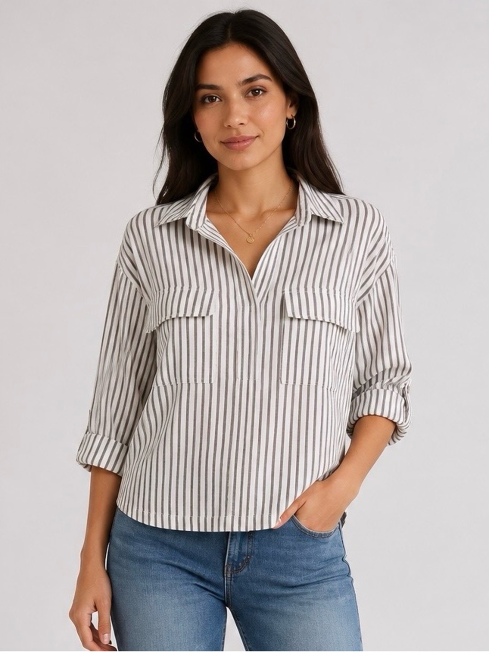 Max Studio White and brown Vertical Stripe Button-Down